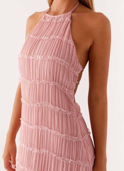 Close-up of blush pink halter neckline with pleated fabric and delicate lace trim bands