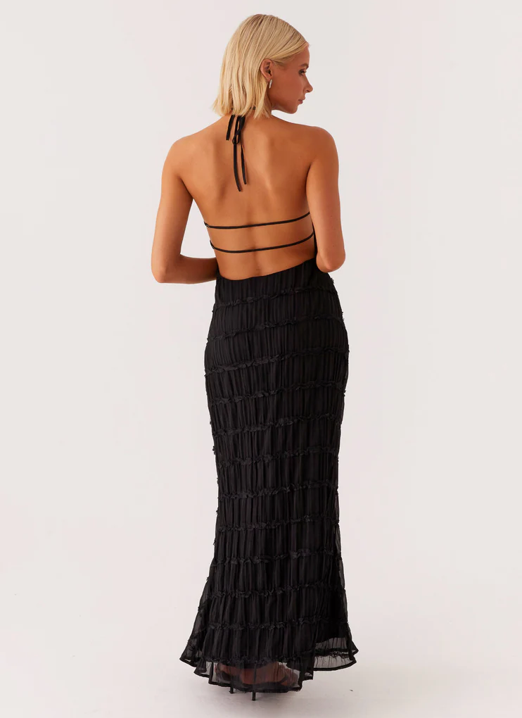 Black halter maxi dress back view with open back and double strap detail, bodycon fit