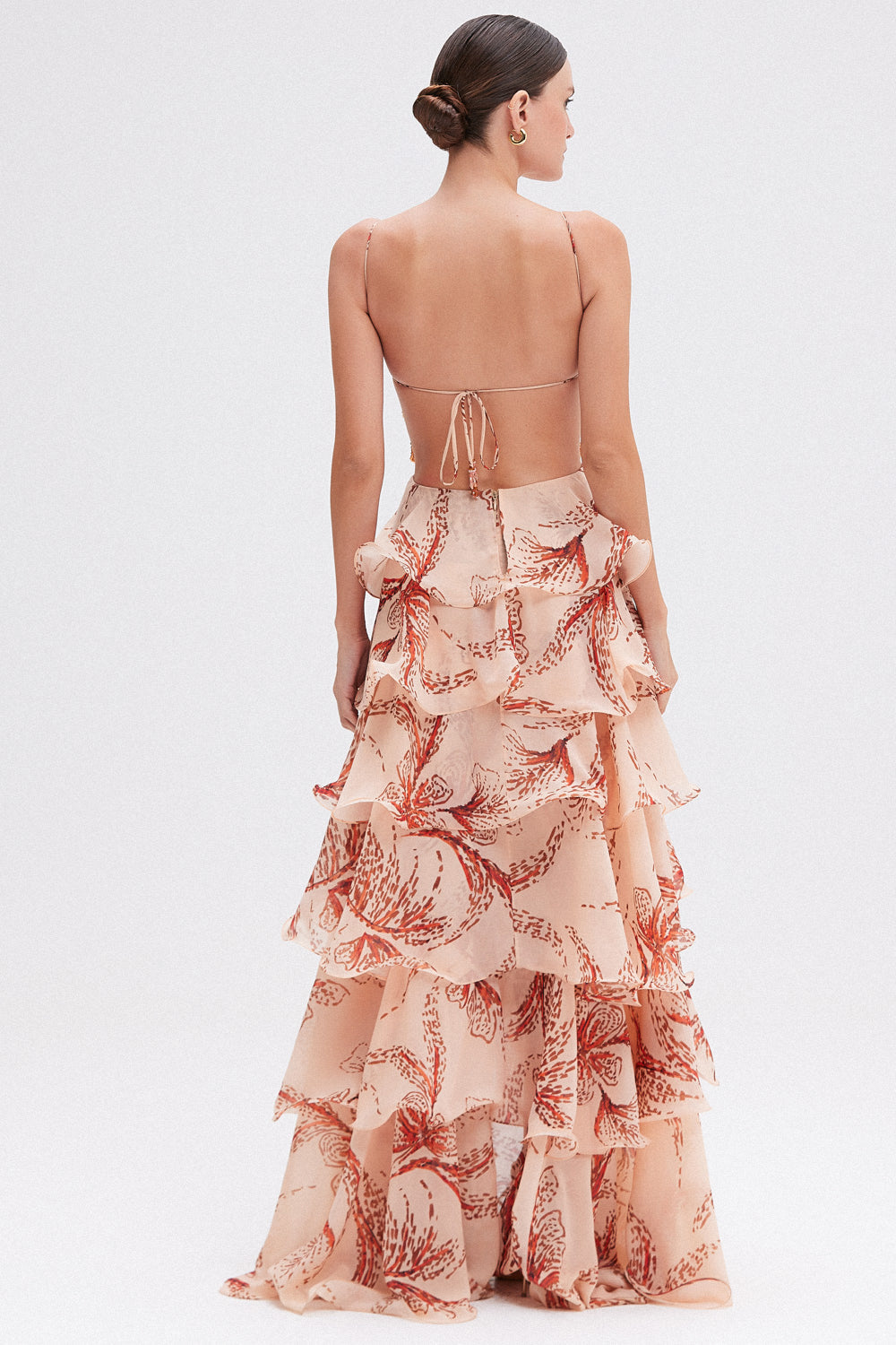 Back view of the women's printed beaded butterfly maxi dress, showing the tiered ruffles and open back design.