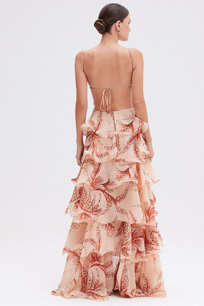 Back view of the women's printed beaded butterfly maxi dress, showing the tiered ruffles and open back design.