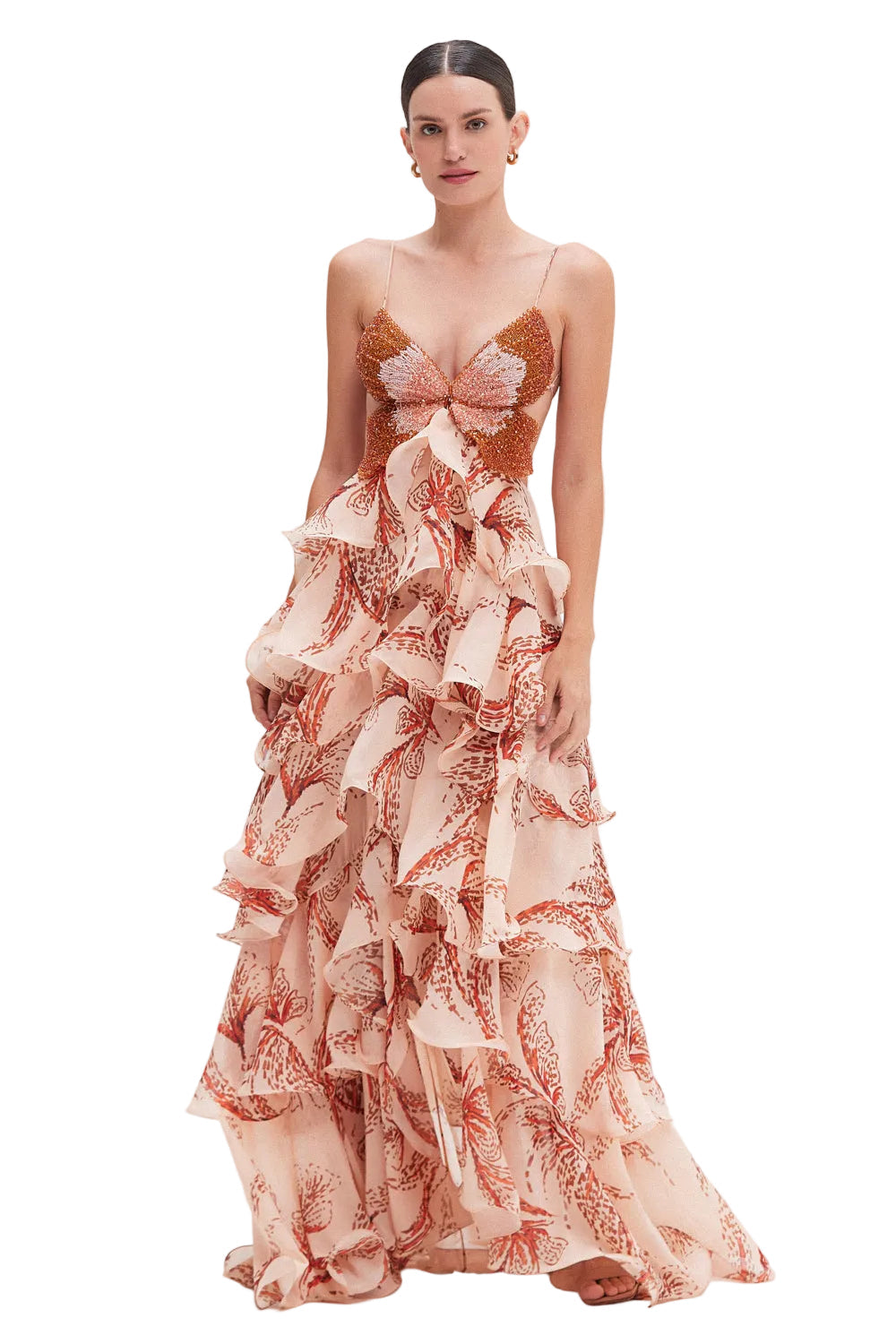 Front view of a women's printed beaded butterfly maxi dress with tiered ruffles and a light peach and rust pattern.