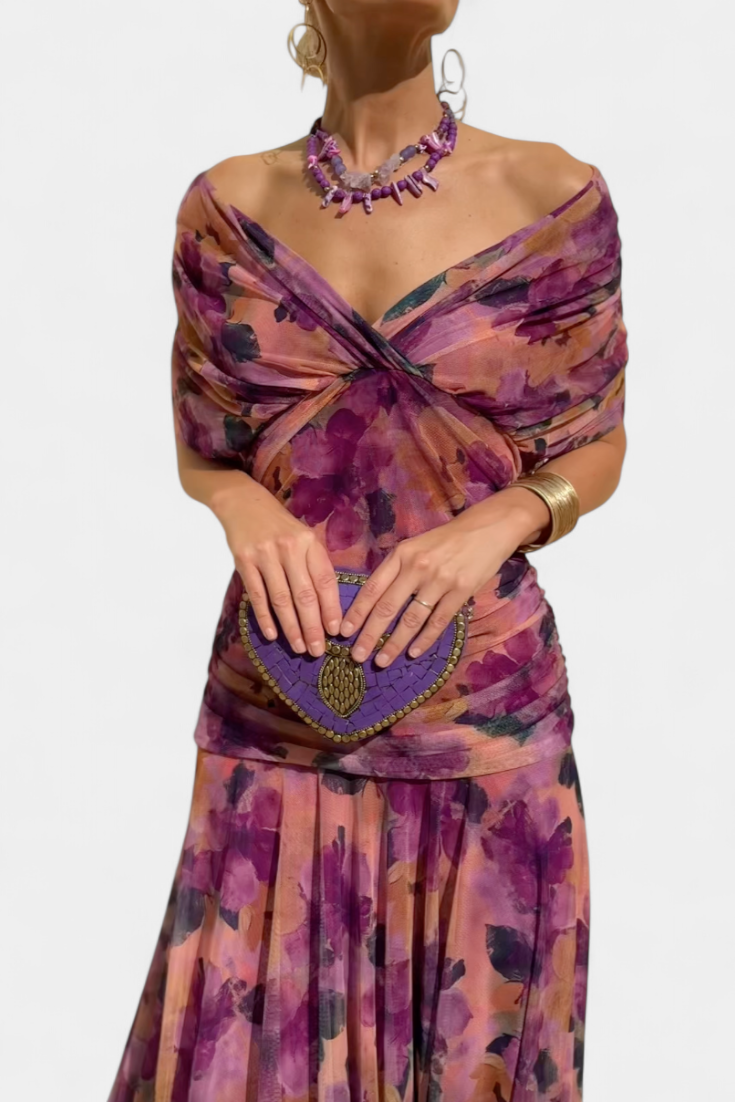 Purple floral off shoulder ruched maxi dress with twisted bust and fitted bodycon waist detail