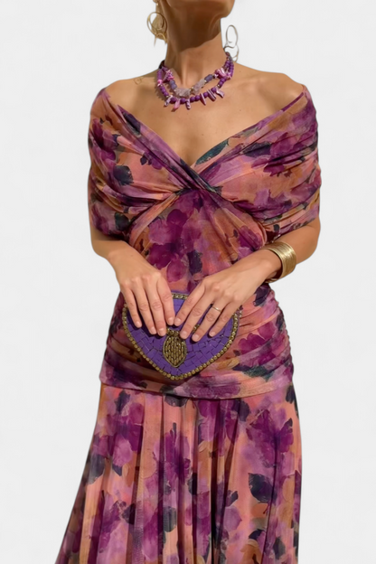Purple floral off shoulder ruched maxi dress with twisted bust and fitted bodycon waist detail
