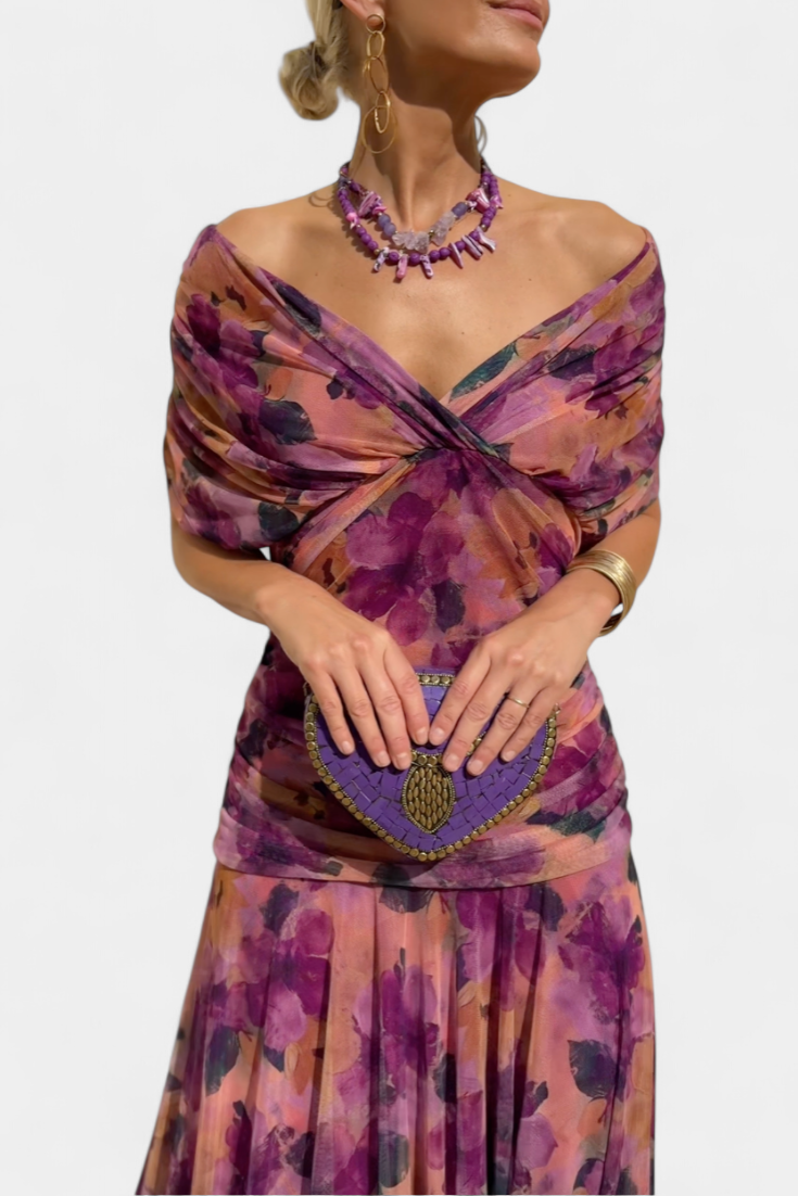 Front view purple watercolor print off shoulder ruched maxi dress showing draped neckline and waist