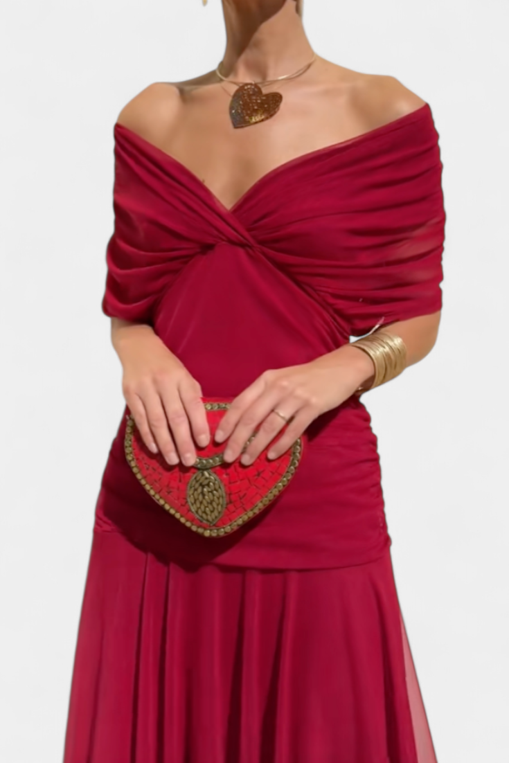 Red off shoulder ruched maxi dress with twist front neckline and fitted waist, close-up detail