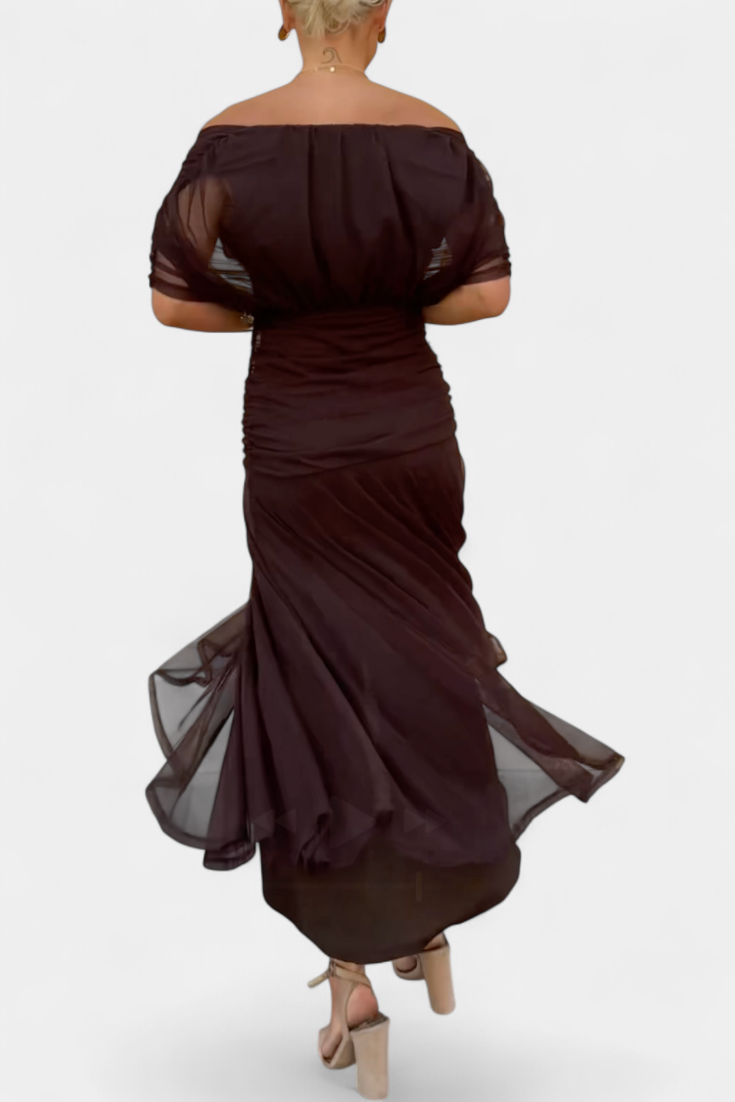 Back view dark brown off shoulder ruched maxi dress with sheer sleeves and flared hemline