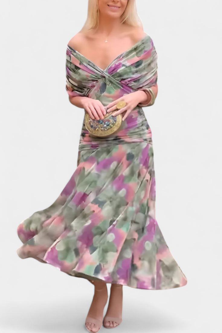 Printed off shoulder ruched maxi dress in green and pink watercolor floral, full length front view
