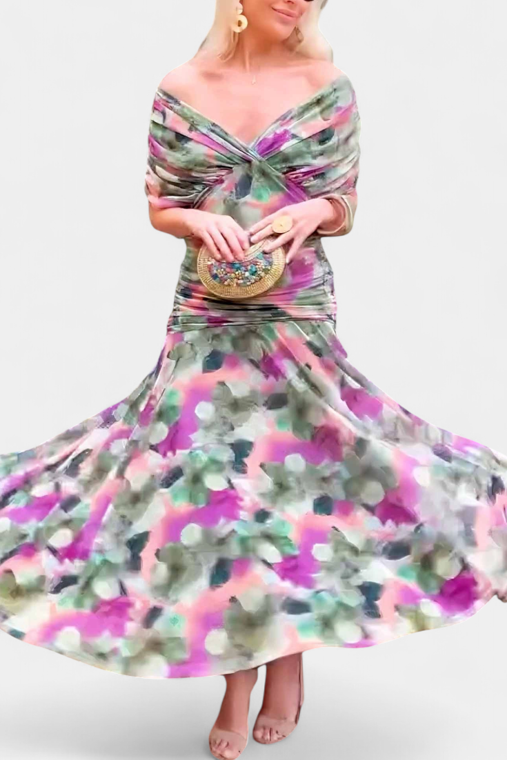 Printed off shoulder ruched maxi dress with wide swirling skirt and green purple floral print