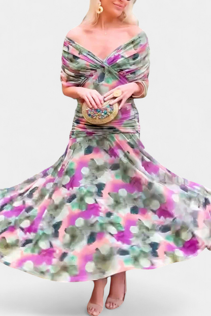 Printed off shoulder ruched maxi dress with wide swirling skirt and green purple floral print