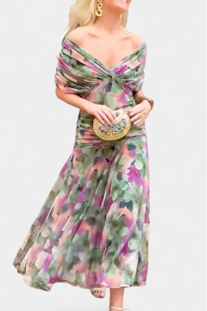 Angled front printed off shoulder ruched maxi dress with draped sleeves and watercolor floral skirt