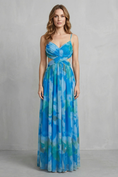 Front view of a women's elegant formal maxi dress in a blue and green tie-dye print, with a V-neck and stylish waist cut-outs.