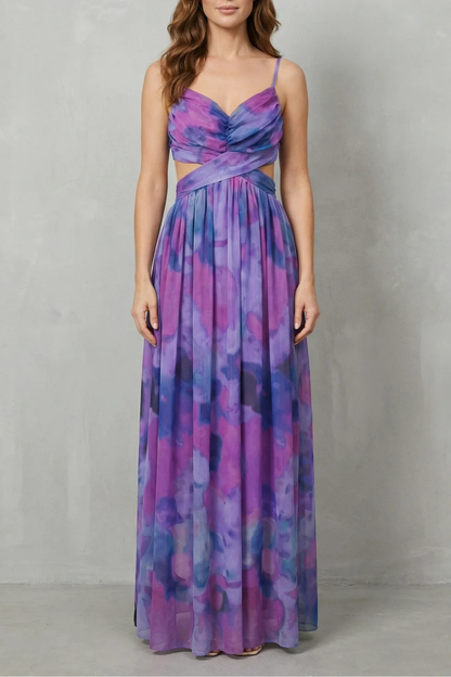 Women's printed V-neck formal maxi dress in a purple and blue tie-dye pattern, featuring a flattering V-neck and waist cut-outs.