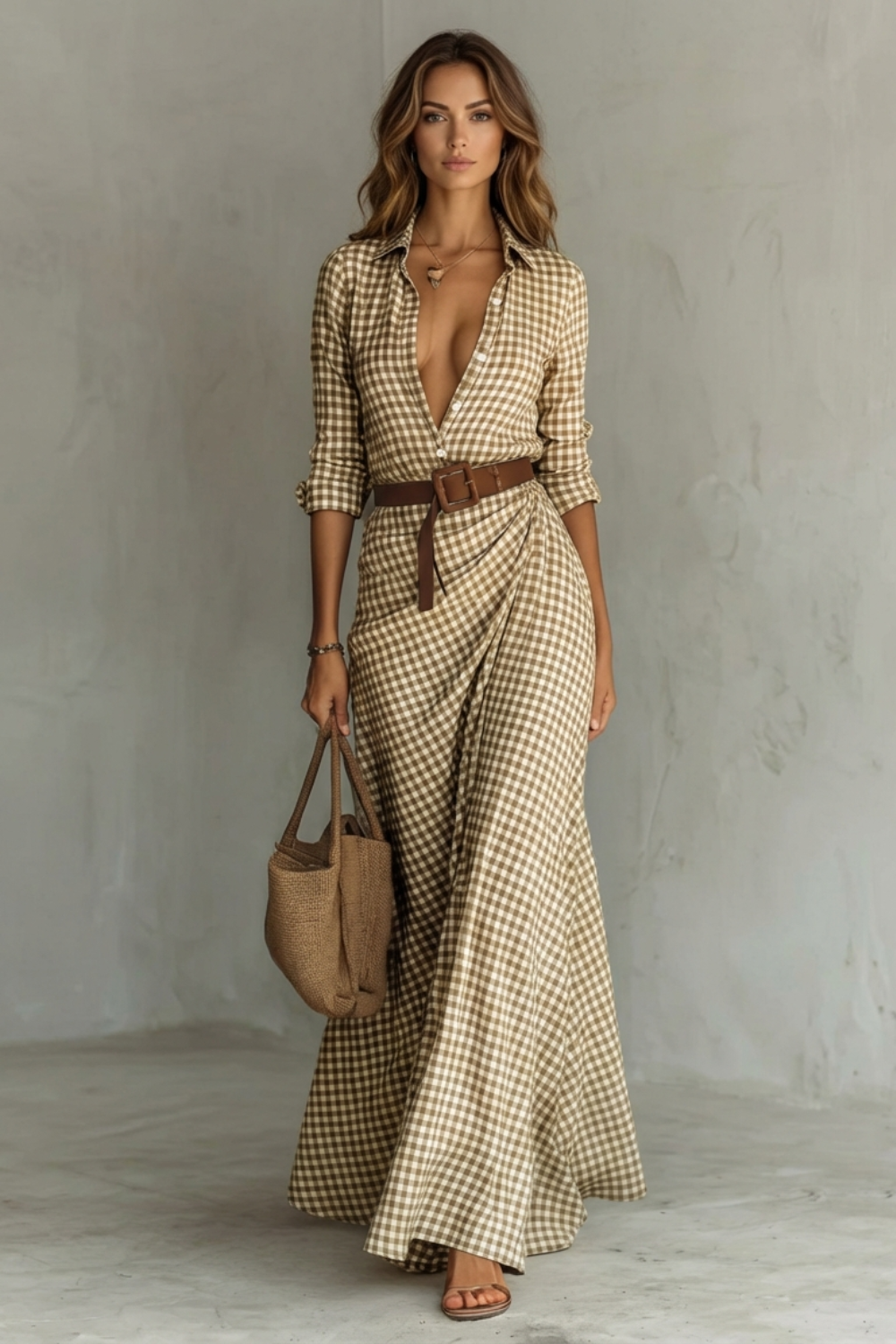 Front view of a women's brown and white gingham maxi dress with long sleeves, a deep V-neck, and a brown belt.