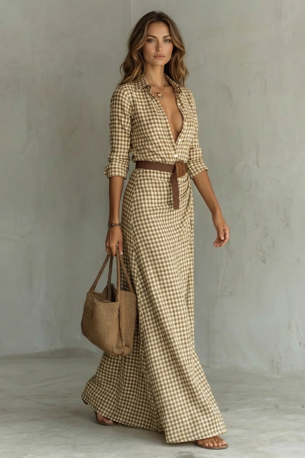 Side view of a women's brown and white gingham printed maxi dress with a deep V-neck, long sleeves, and a brown belt.