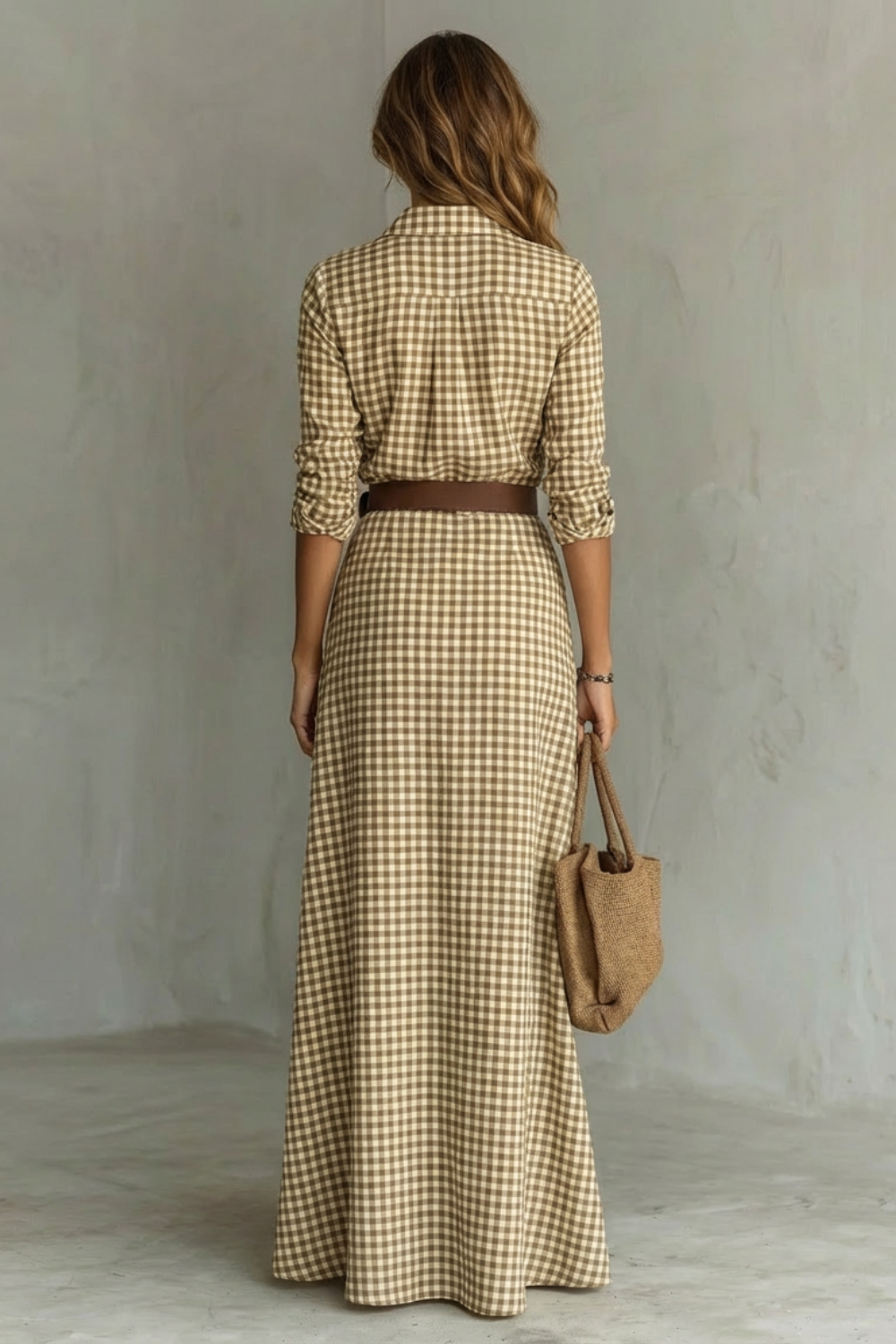 Back view of a women's brown and white gingham long sleeve belted maxi dress, showcasing the full length of the skirt.