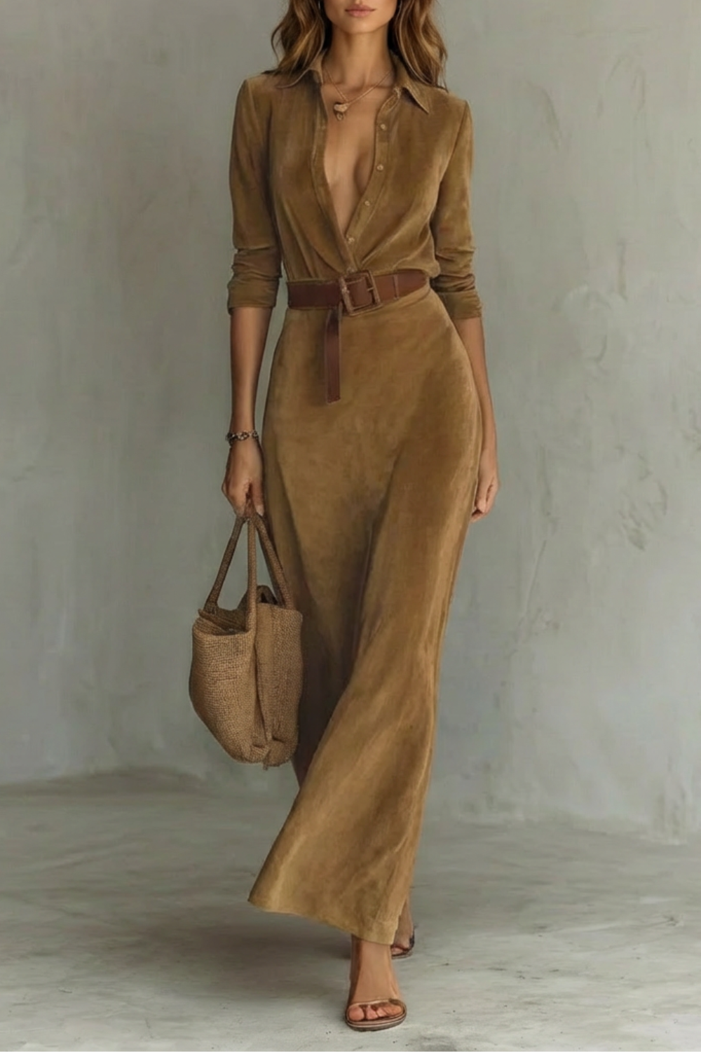 Women's long sleeve belted maxi dress in a solid brown fabric, featuring a deep V-neck and a brown belt.