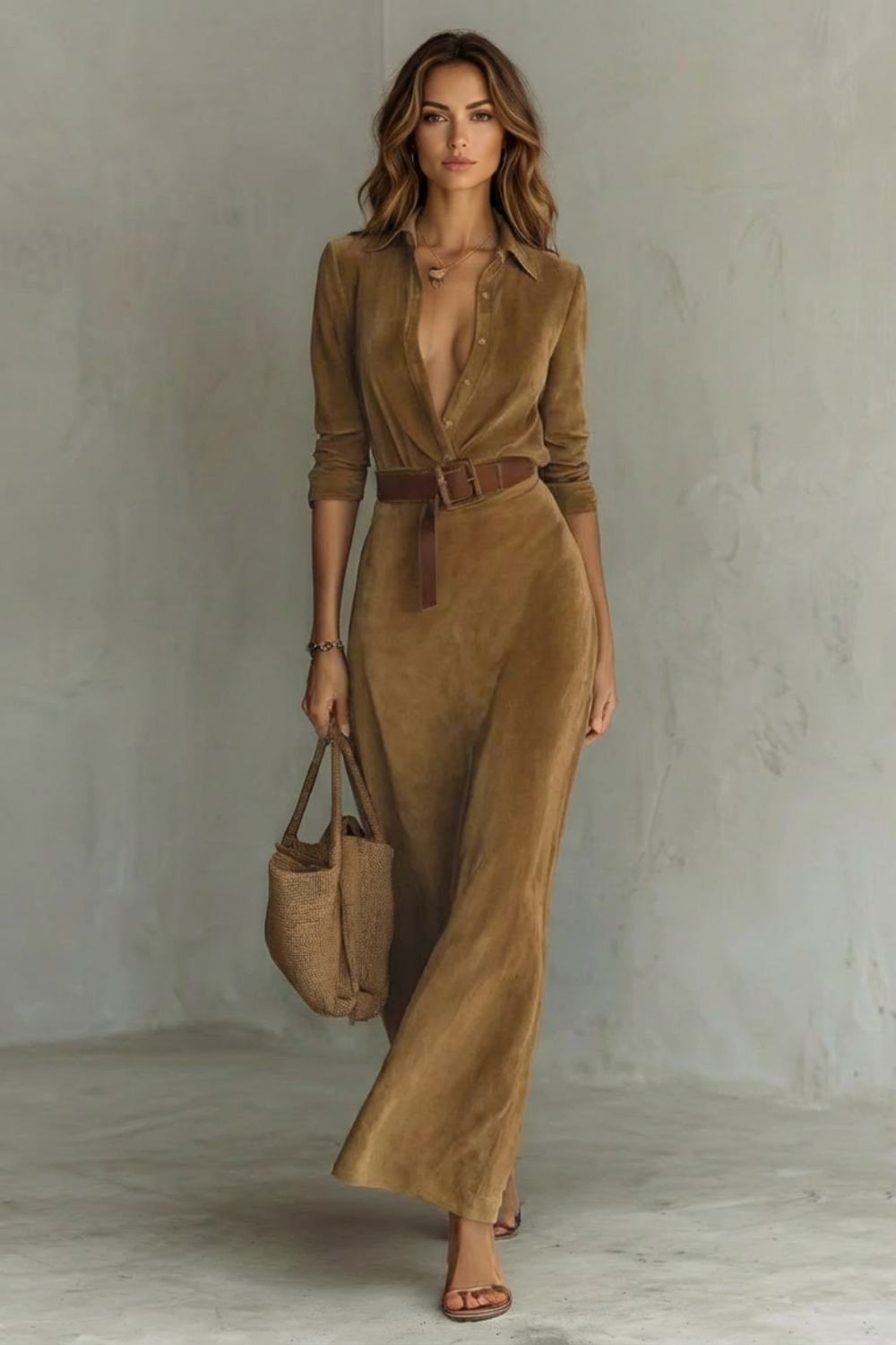 Front view of a women's solid brown maxi dress with long sleeves, a deep V-neck, and a brown belt, perfect for vacation outfits.