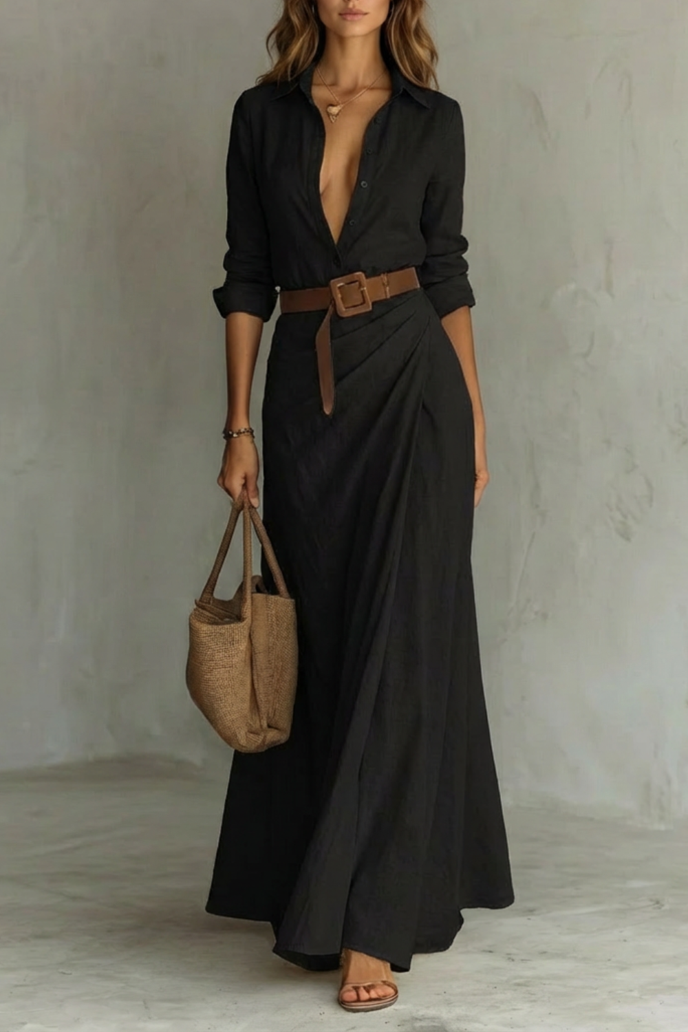 Women's long sleeve belted maxi dress in a solid black fabric, featuring a deep V-neck and a brown belt.