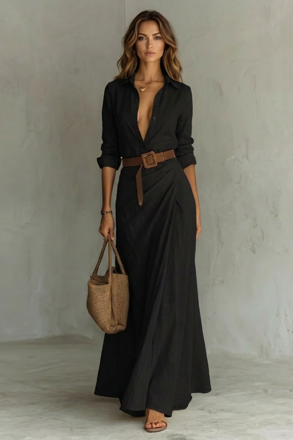 Front view of a women's solid black maxi dress with long sleeves, a deep V-neck, and a brown belt, ideal for elegant dresses.