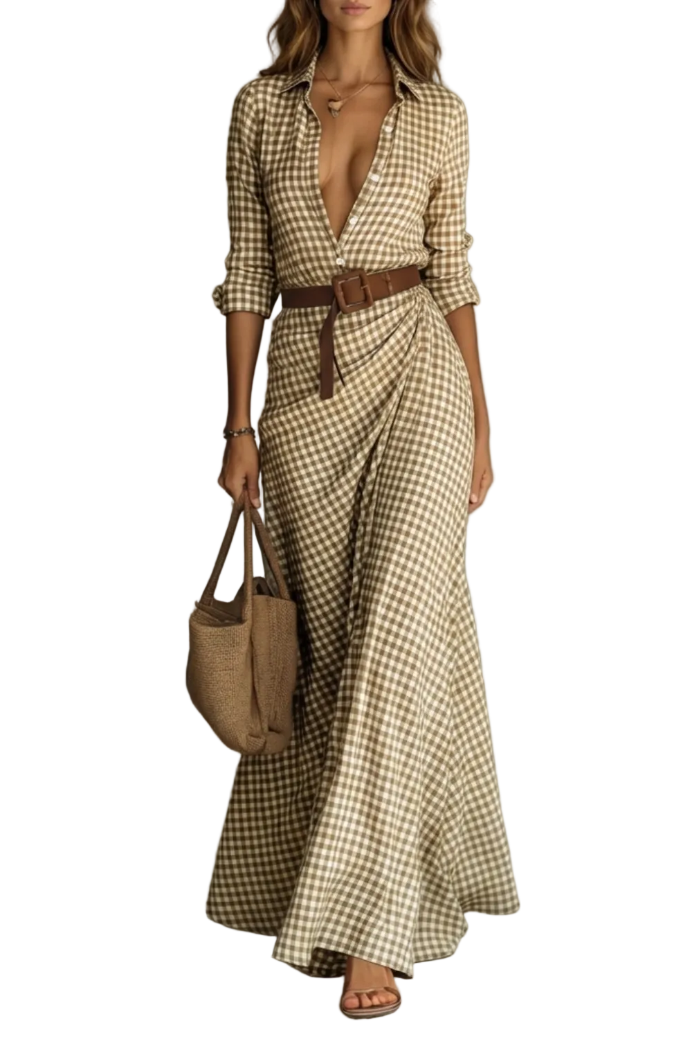 Women's long sleeve belted maxi dress in a brown and white gingham print, featuring a deep V-neck and a brown belt.