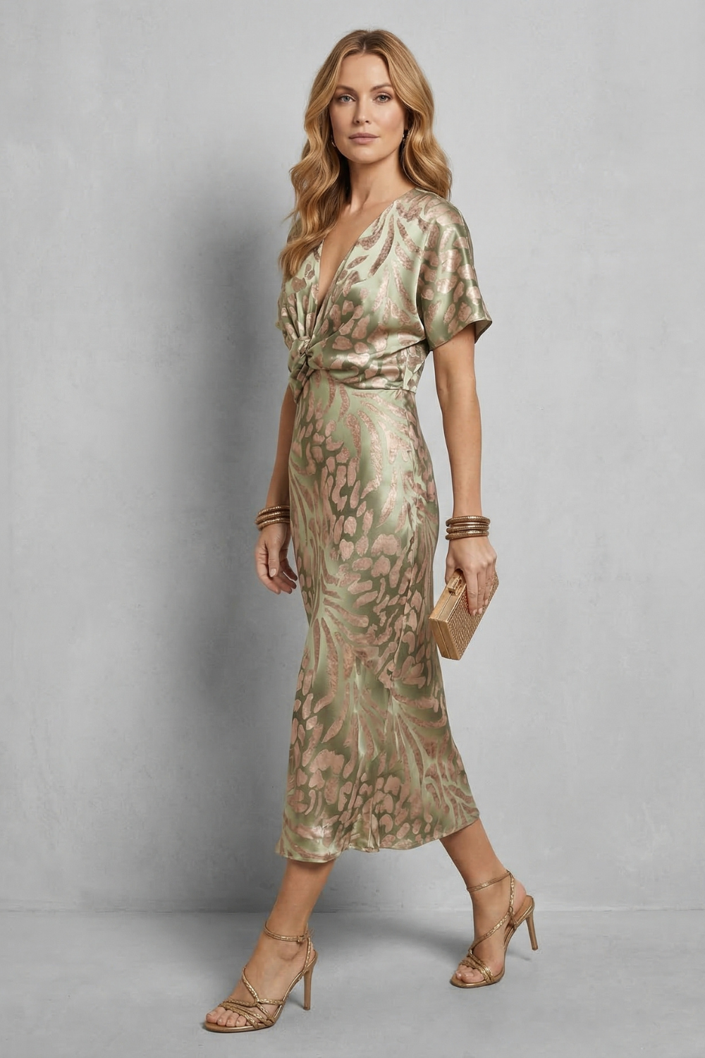 Side view of a women's green and pink printed V-neck short sleeve midi dress, highlighting the flowy skirt and elegant design.