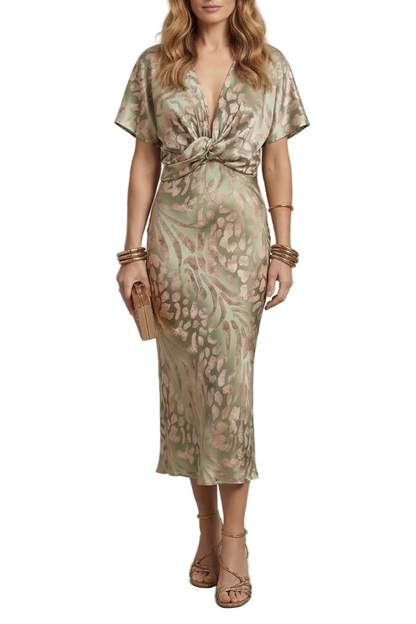 Front view of a women's green and pink printed V-neck short sleeve midi dress with a knotted front detail, perfect for vacation outfits.