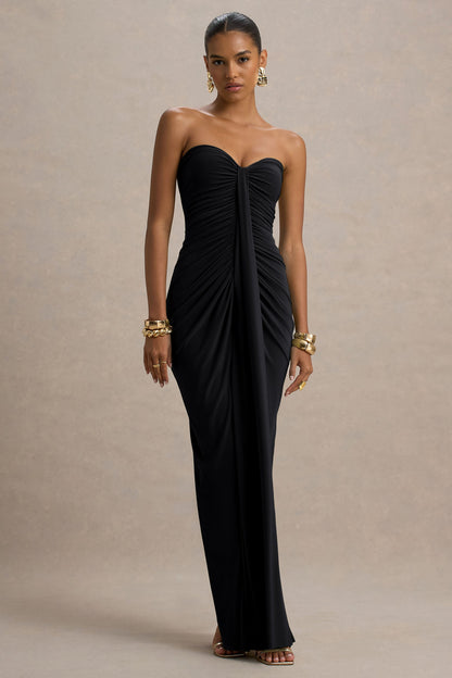 Black slinky jersey off shoulder ruched maxi dress with front drape panel, full length view