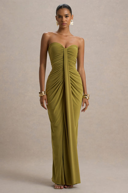 Olive green off shoulder slinky jersey bodycon maxi dress with ruched front and long center drape, front view