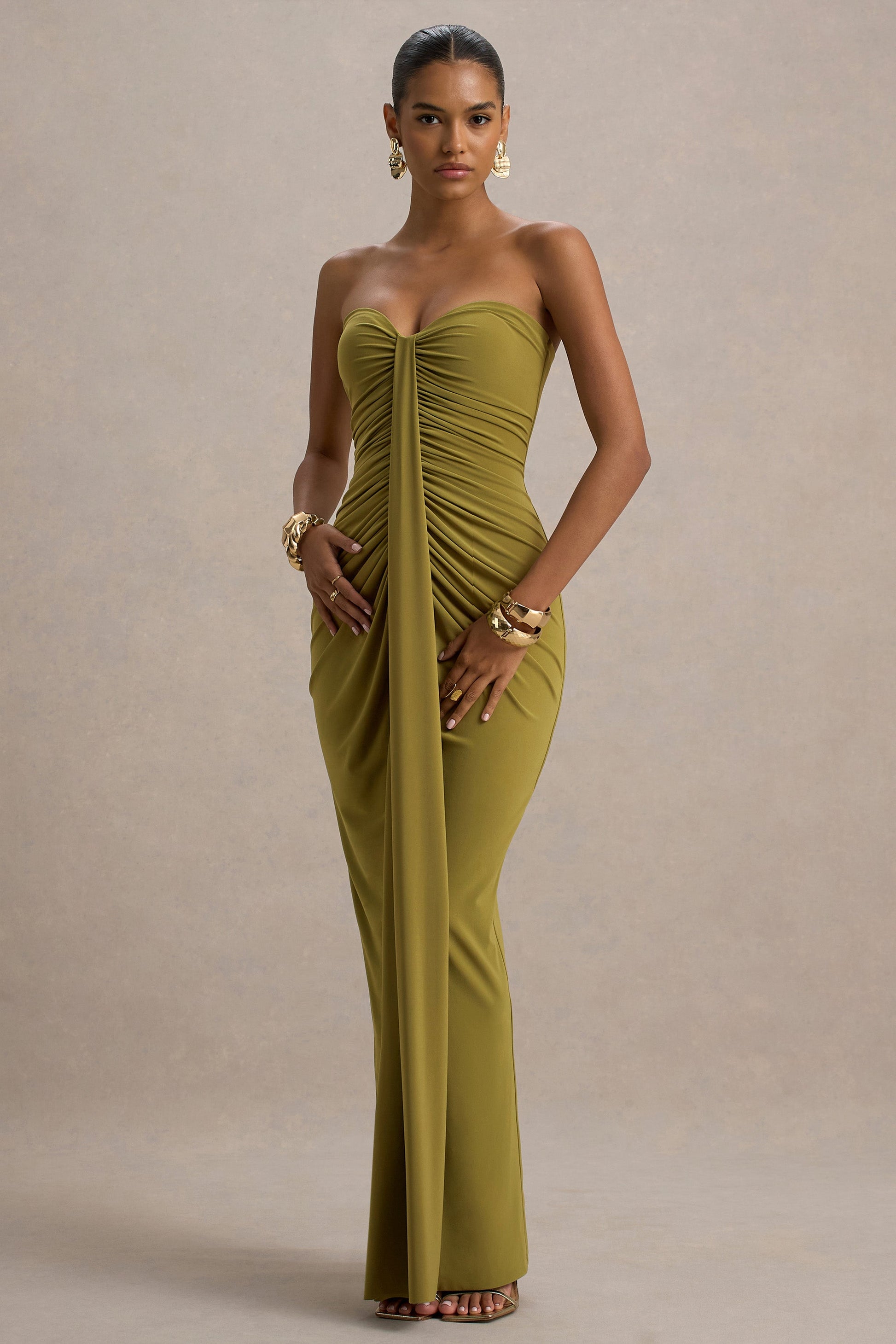 Full-length olive green ruched slinky jersey maxi dress with fitted bodycon skirt and center drape panel