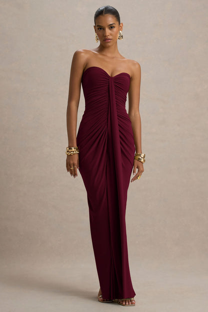 Burgundy off shoulder slinky jersey bodycon maxi dress with ruched bodice and long front drape