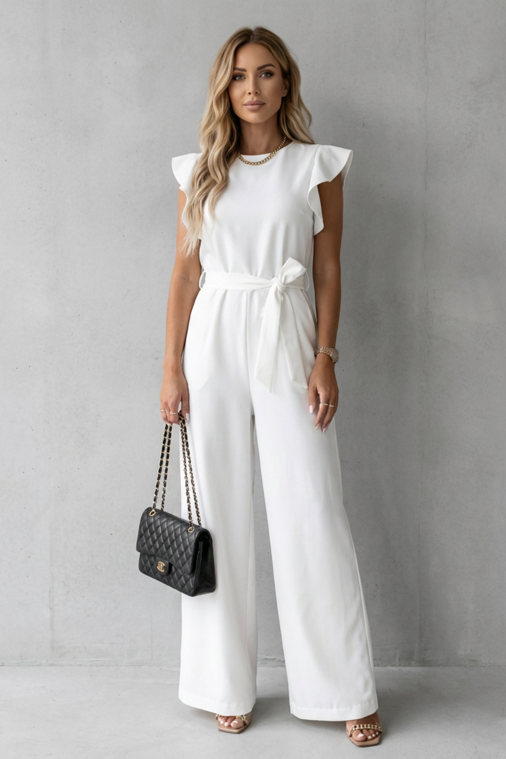 Front view of a white ruffle sleeve wide leg jumpsuit with a tied belt, ideal for elegant occasions.