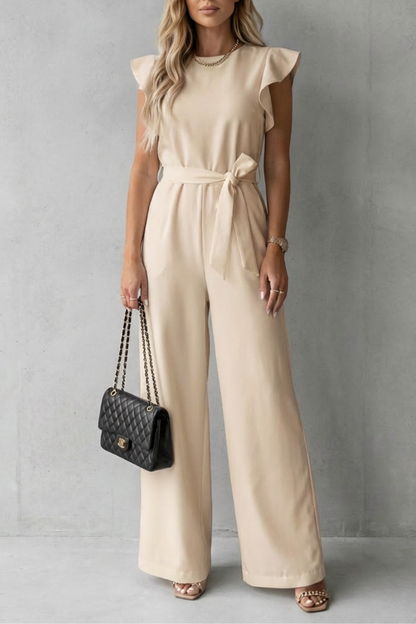 Light beige ruffle sleeve wide leg jumpsuit with a self-tie belt, a versatile vacation outfit.