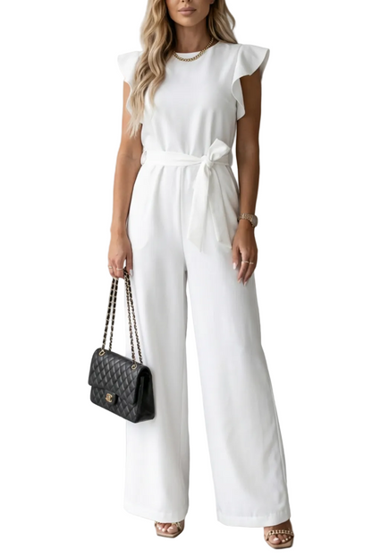 White ruffle sleeve wide leg jumpsuit with self-tie belt, perfect for vacation outfits.