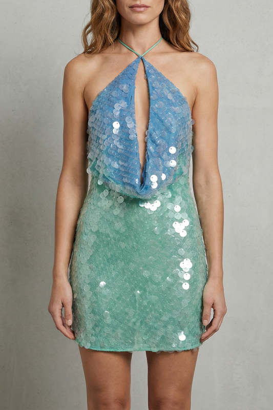 Women blue and seafoam sequined mini dress with halter neckline and draped bodice