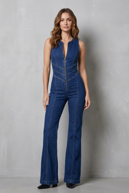 Front view of women's denim jumpsuit featuring a full-length zipper and flared jeans silhouette
