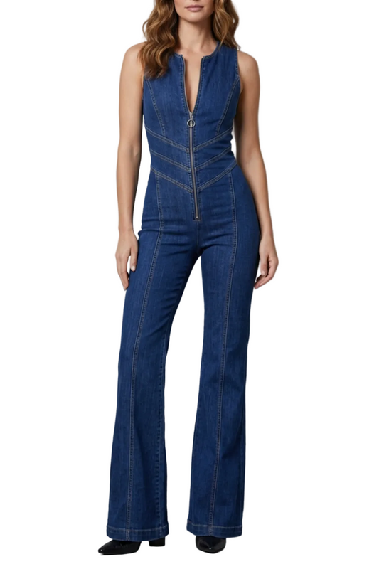 Women's sleeveless denim jumpsuit with deep V-neck zipper and bell bottom jeans style
