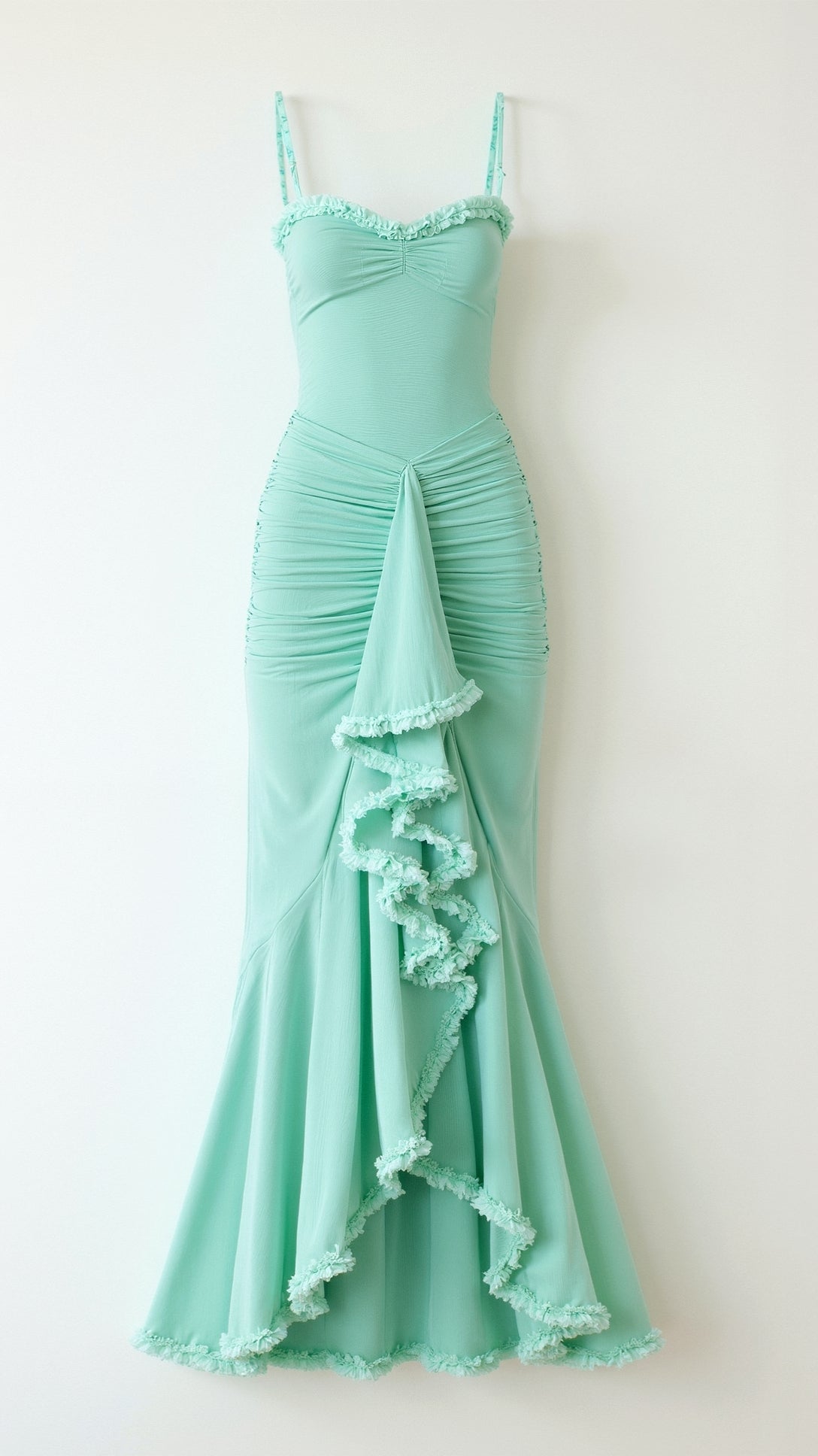 Flat lay of a mint green sleeveless ruched ruffle high-low maxi dress, displaying the full skirt and ruffled details.