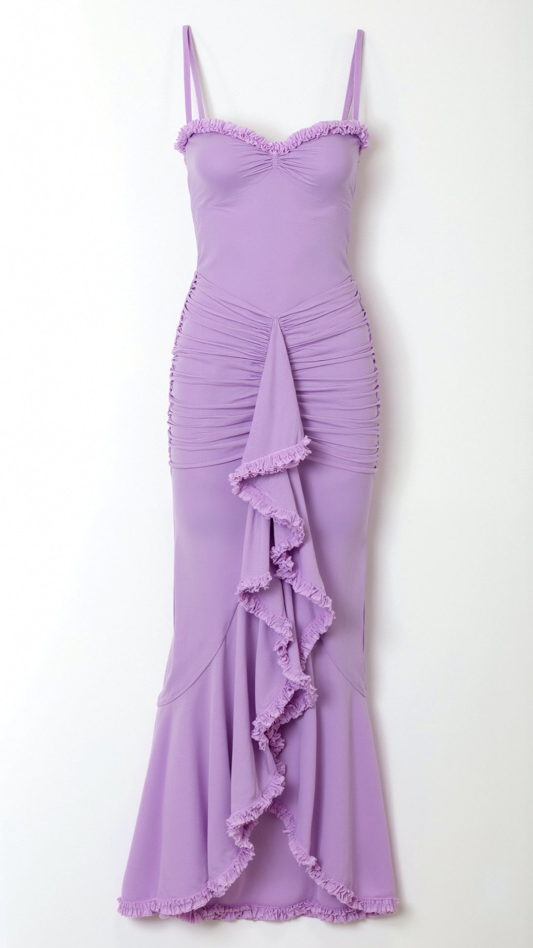 Close-up front view of a women's purple sleeveless ruched ruffle high-low maxi dress with cascading ruffles down the side.