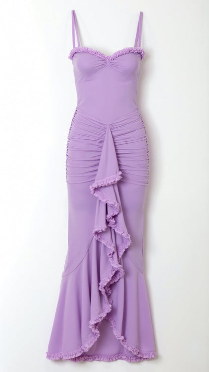 Close-up front view of a women's purple sleeveless ruched ruffle high-low maxi dress with cascading ruffles down the side.