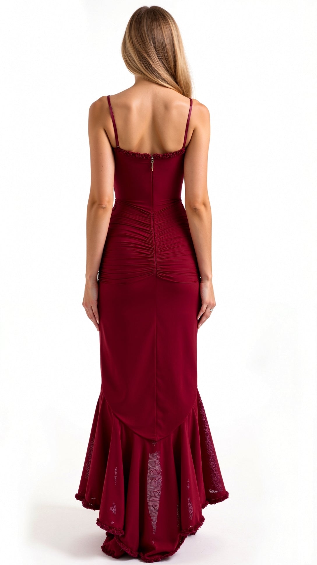 Back view of a women's red sleeveless ruched ruffle high-low maxi dress, showcasing the fitted bodice and flowing skirt.