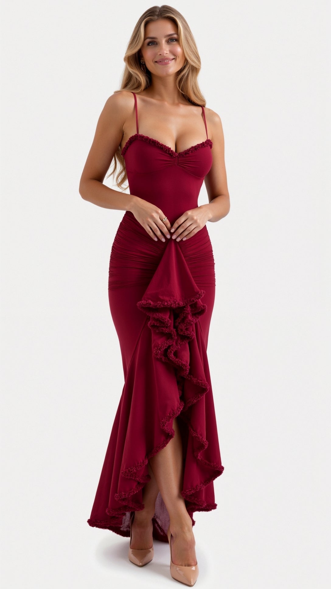 Deep red sleeveless ruched ruffle high-low maxi dress, featuring a sweetheart neckline and a dramatic ruffled slit.