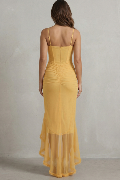 Back view of a yellow sleeveless ruched ruffle maxi dress, showing the corset-style back and gathered fabric detail.