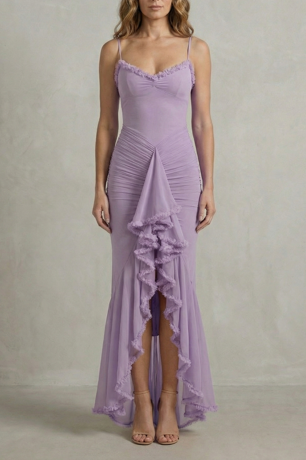 Front view of a lavender sleeveless ruched ruffle maxi dress, featuring a sweetheart neckline and cascading ruffles.
