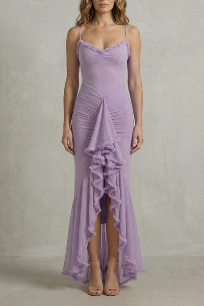 Front view of a lavender sleeveless ruched ruffle maxi dress, featuring a sweetheart neckline and cascading ruffles.