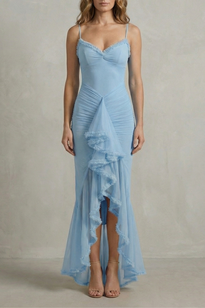 Front view of a light blue sleeveless ruched ruffle maxi dress, with a unique ruched bodice and flowing skirt, suitable for vacation outfits.