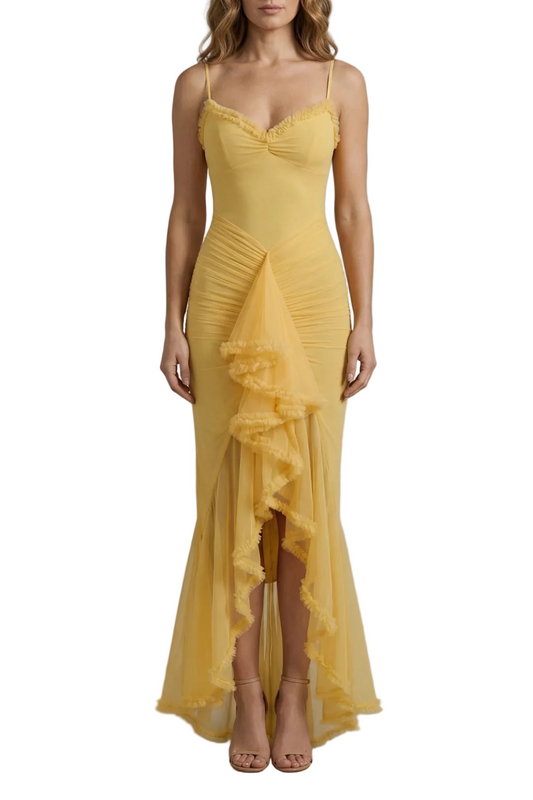 Front view of a yellow sleeveless ruched ruffle maxi dress with spaghetti straps and a sweetheart neckline, perfect for vacation dresses.