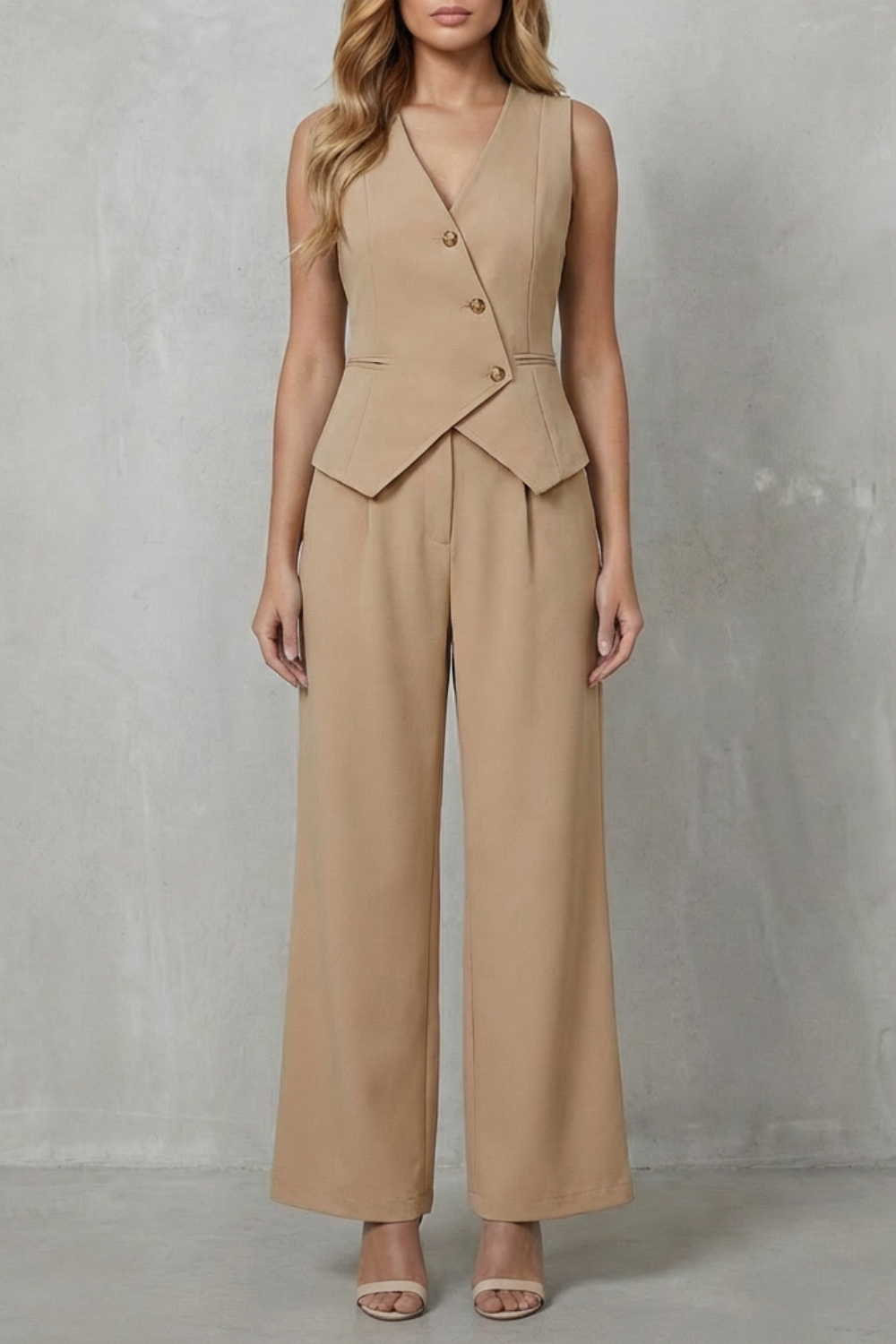 Front view of women's tan sleeveless v-neck vest and wide leg pants set with gold buttons