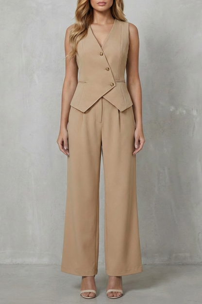 Front view of women's tan sleeveless v-neck vest and wide leg pants set with gold buttons