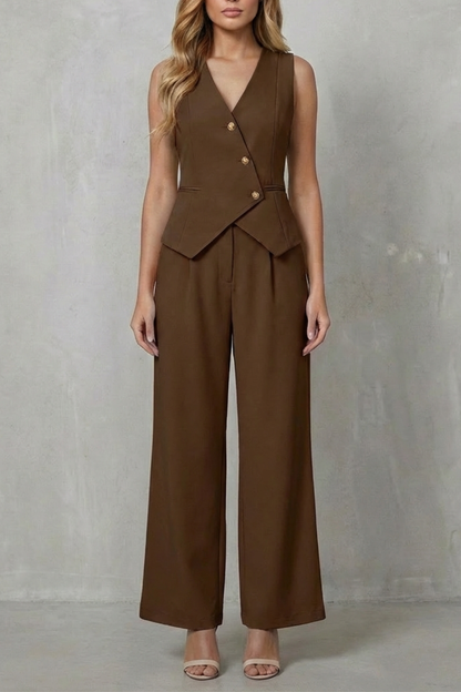 Front view of women's brown sleeveless v-neck vest and wide leg pants set with gold buttons