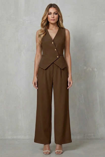 Full-length shot of a women's brown sleeveless v-neck vest and wide leg pants set, a chic vacation outfit option